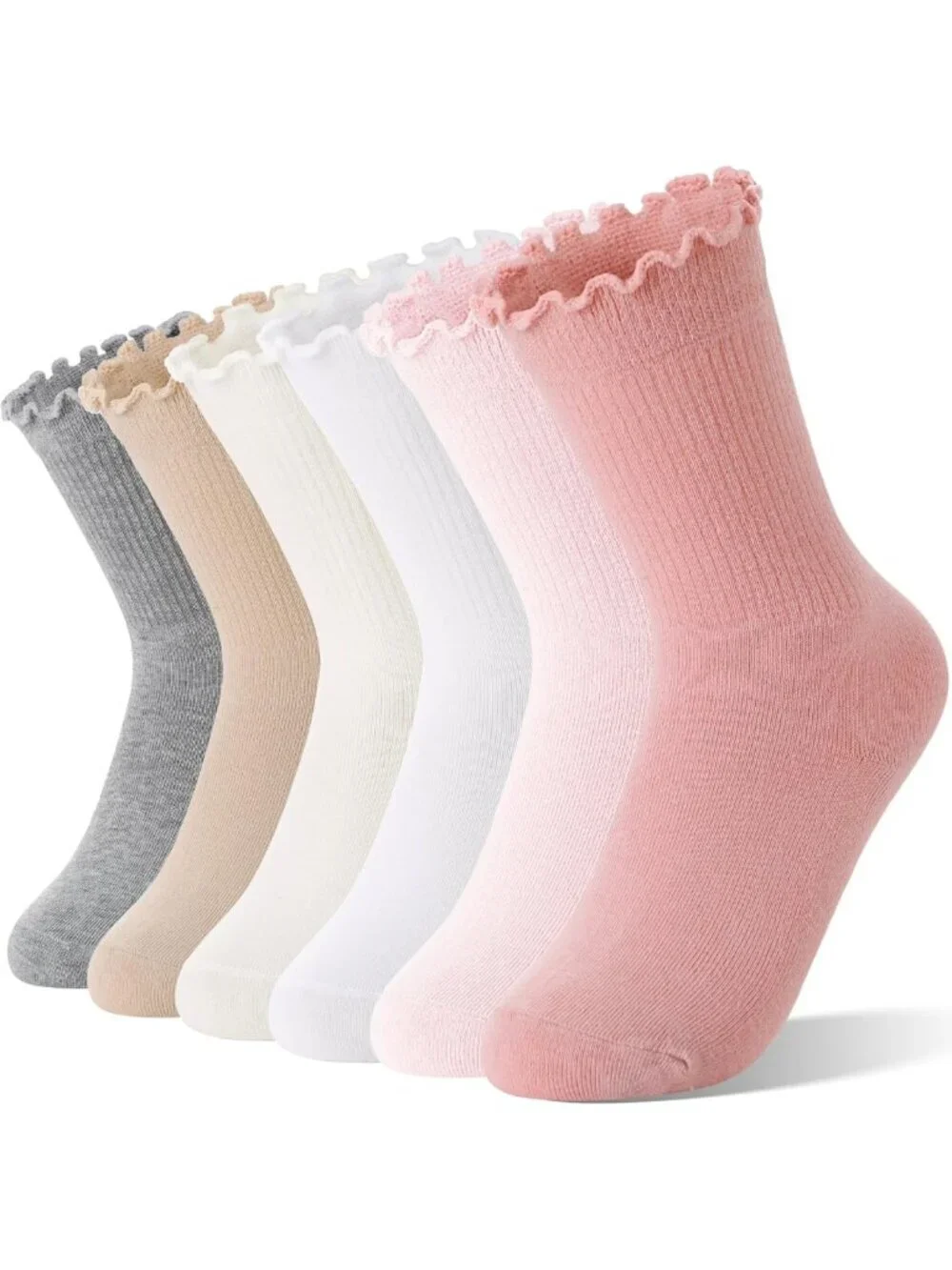 Girls Ruffle Crew Socks - 6 Pairs Frilly Cotton Uniform School Socks